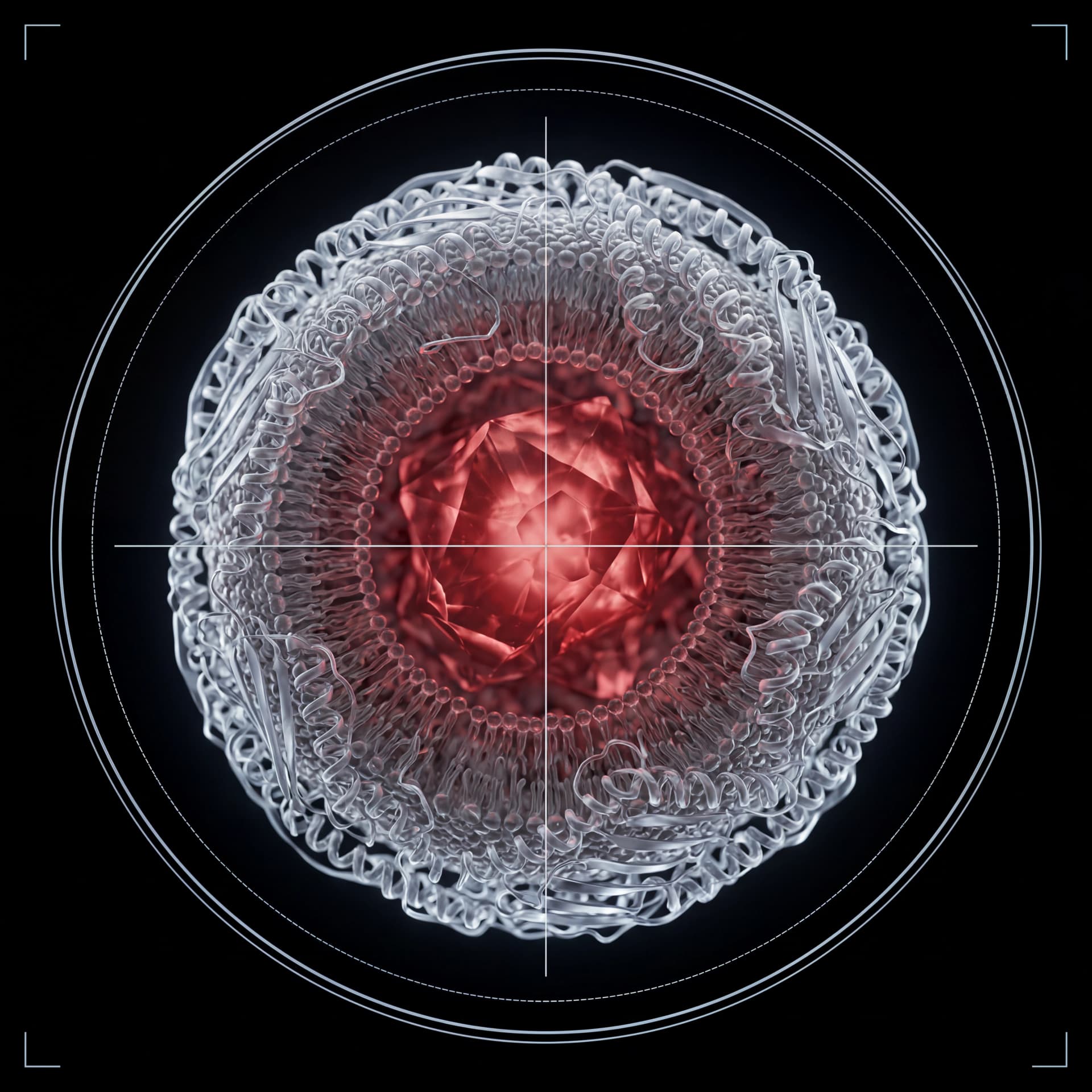 Holographic HUD rendering of a single ApoB lipoprotein particle with concentric scan rings and reticle