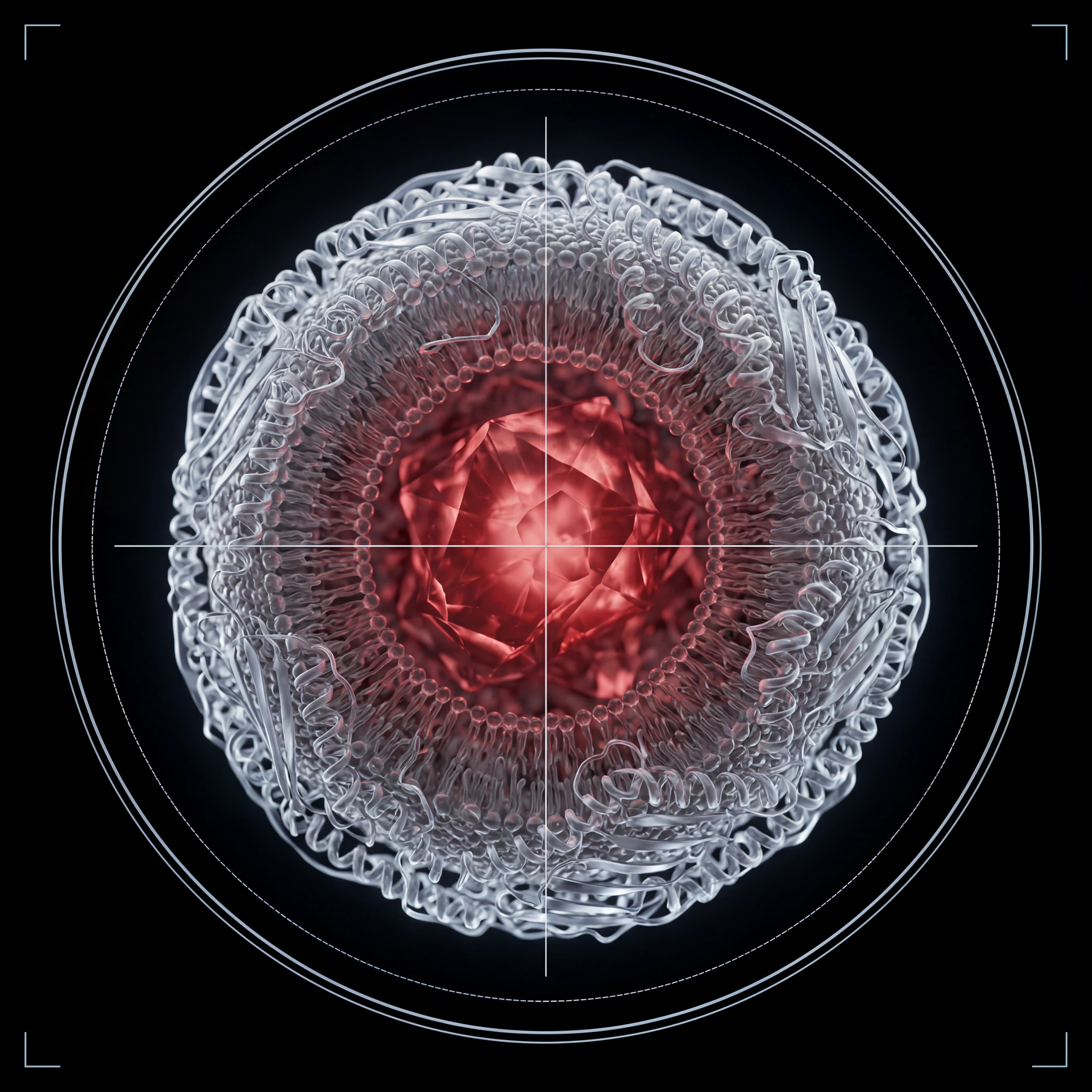 Holographic HUD rendering of a single ApoB lipoprotein particle with concentric scan rings and reticle