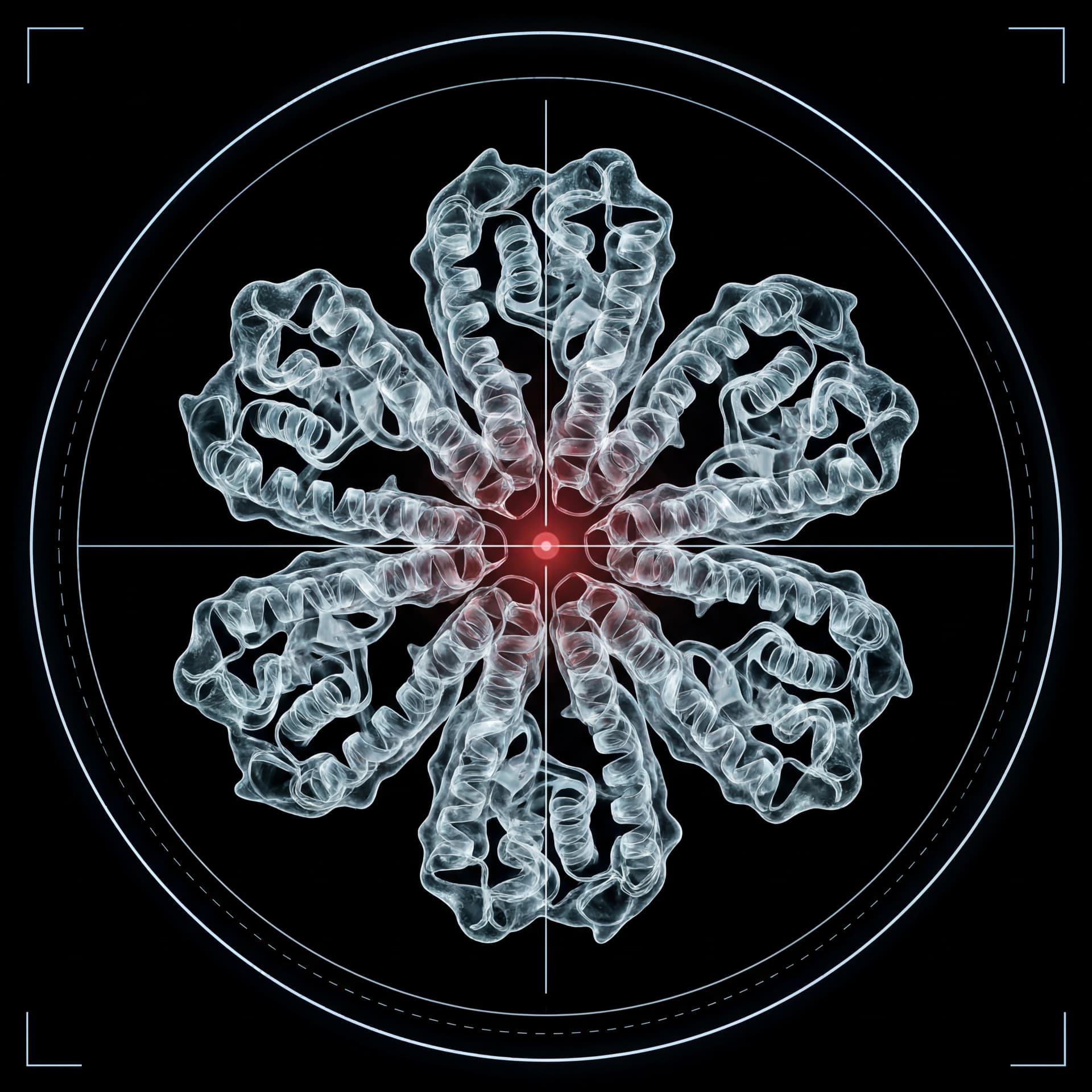 Translucent insulin hexamer rendered in deep red against a black scientific backdrop