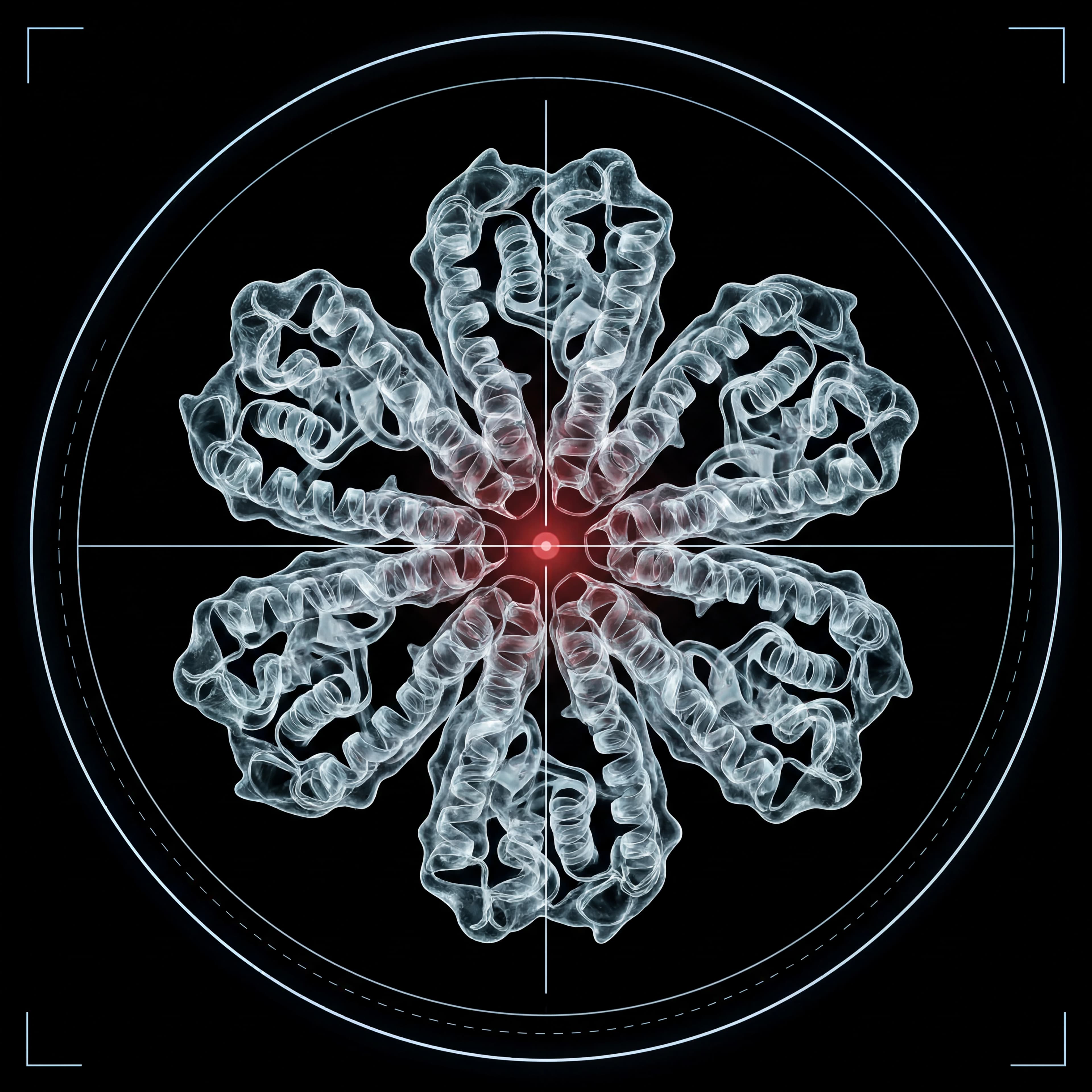 Translucent insulin hexamer rendered in deep red against a black scientific backdrop