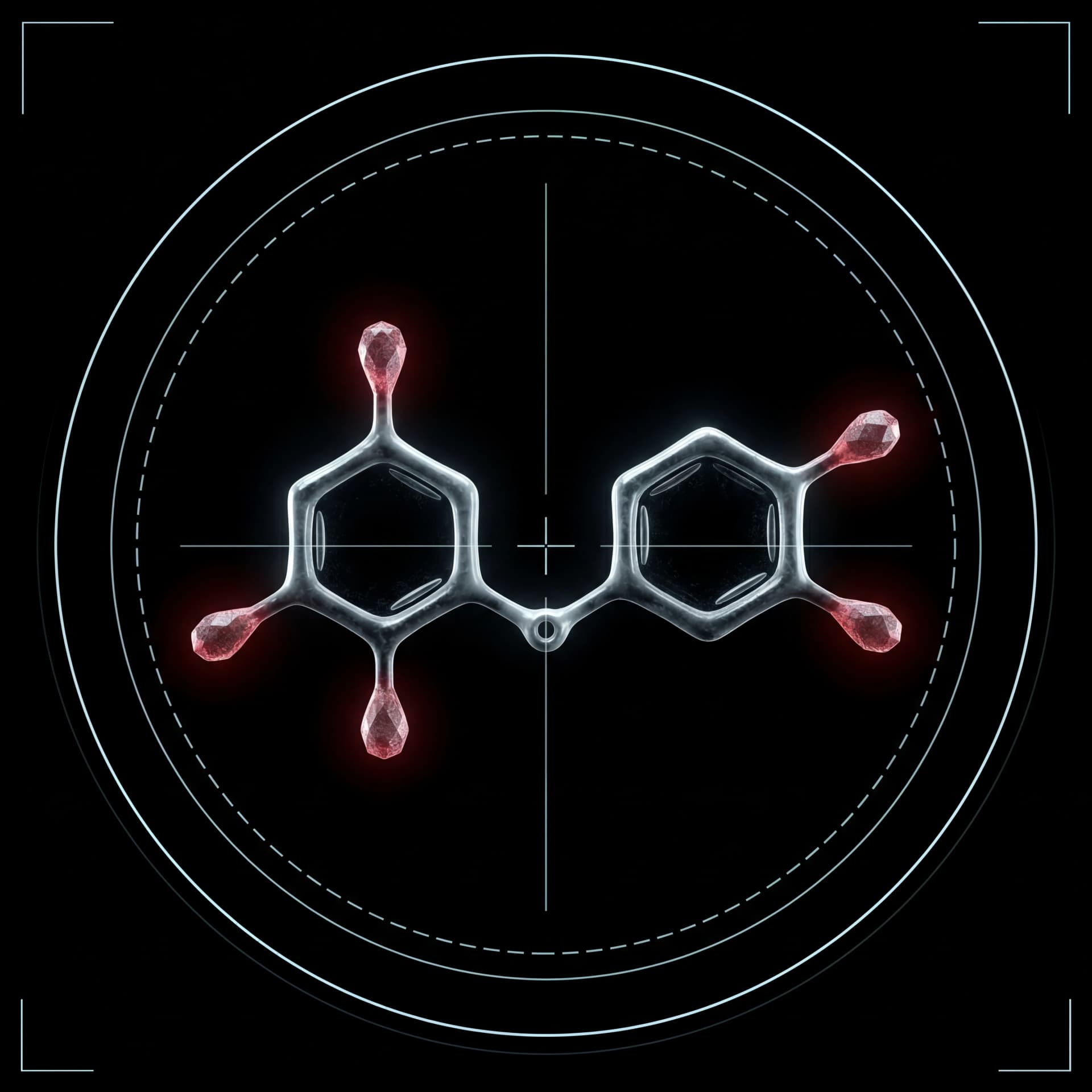 Dark anatomical render of a thyroid gland surrounded by T3 and T4 hormone molecules