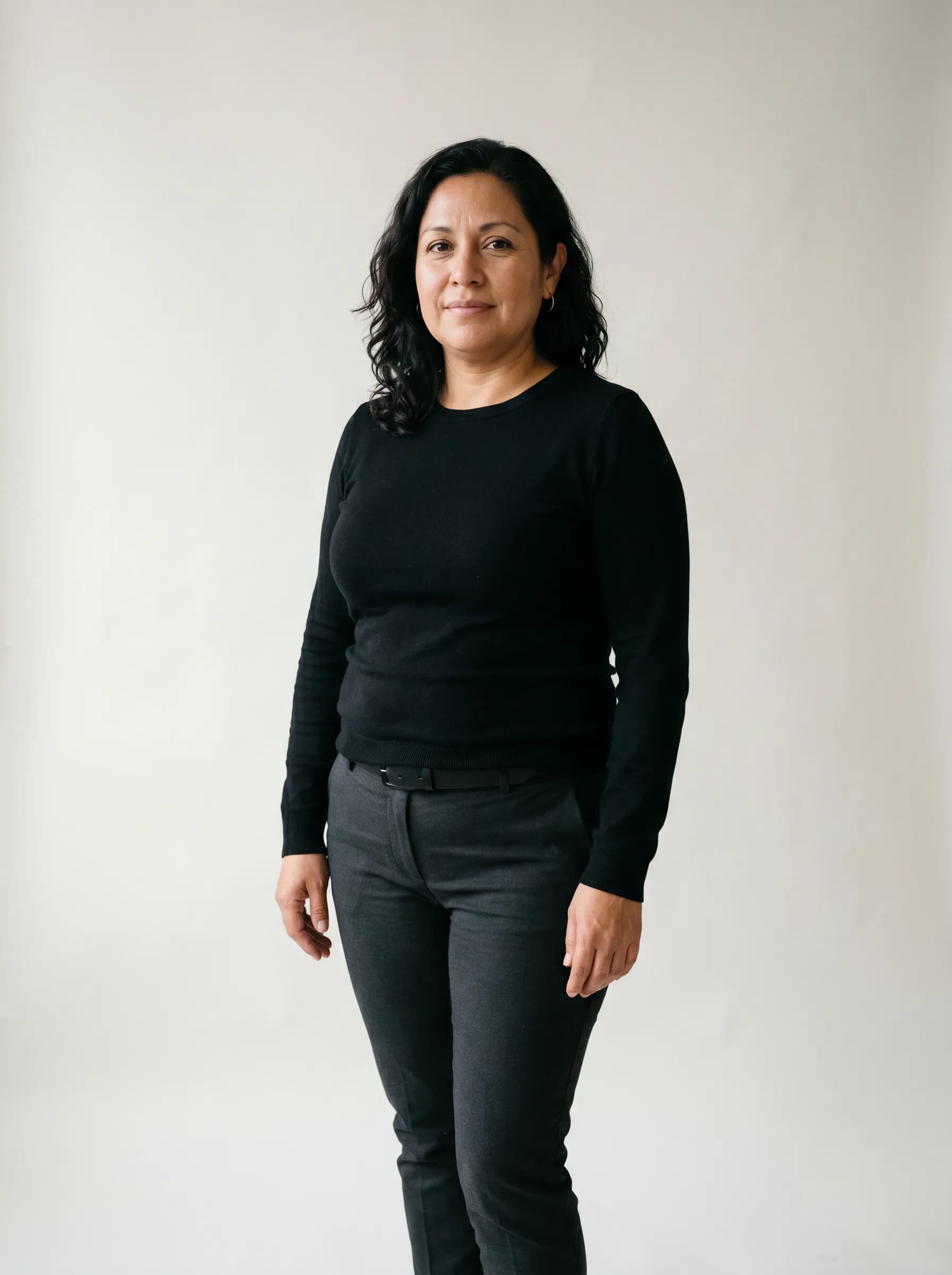 Editorial reconstruction of Camila at baseline with an A1c of 7.2, neutral studio backdrop