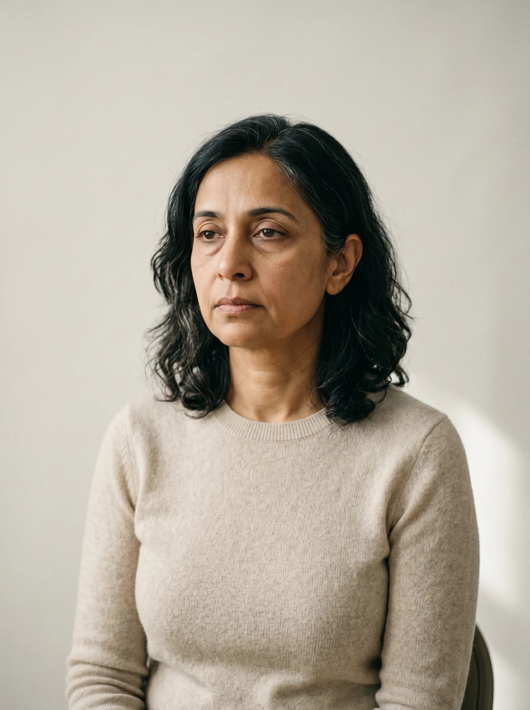 Editorial reconstruction of Devi at baseline with subtle midface puffiness and tired complexion