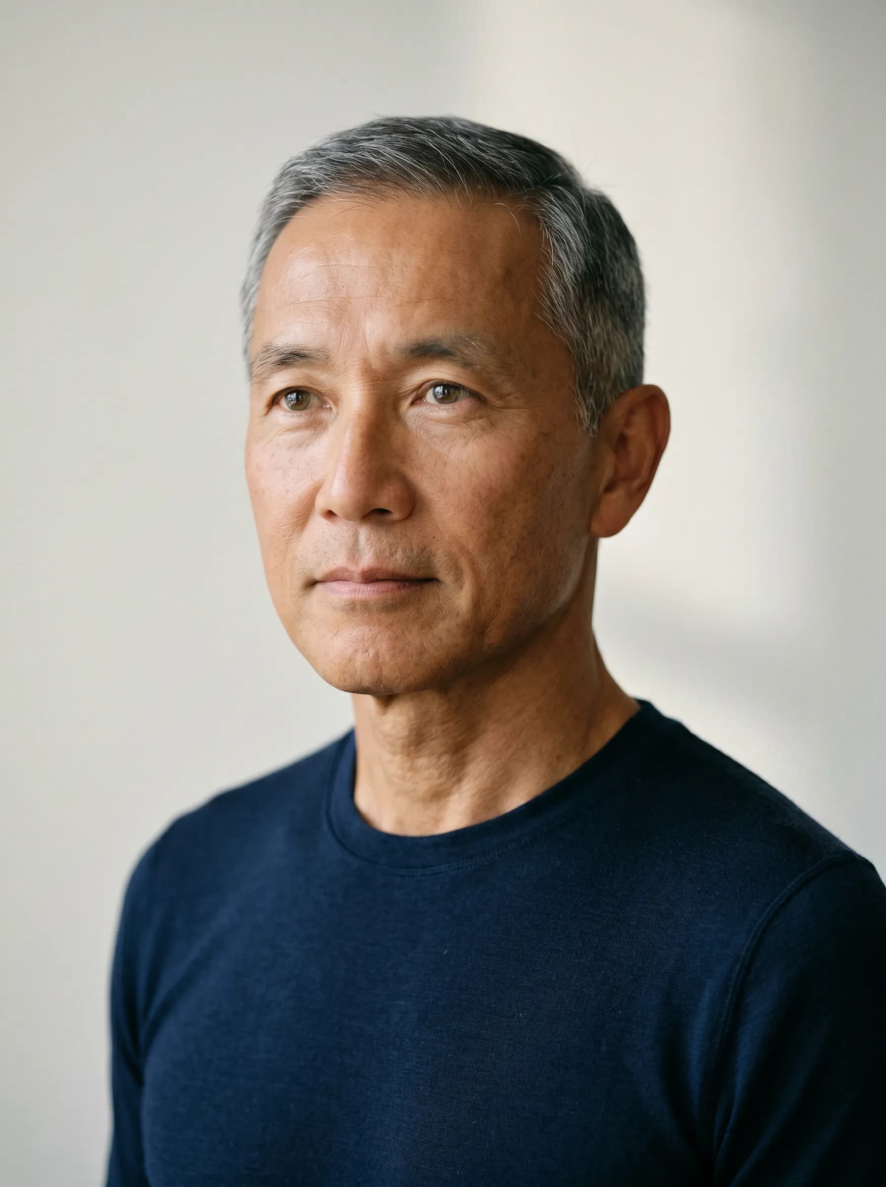 Editorial reconstruction of Hiroshi twelve months into endurance training with vital fit appearance and bright eyes