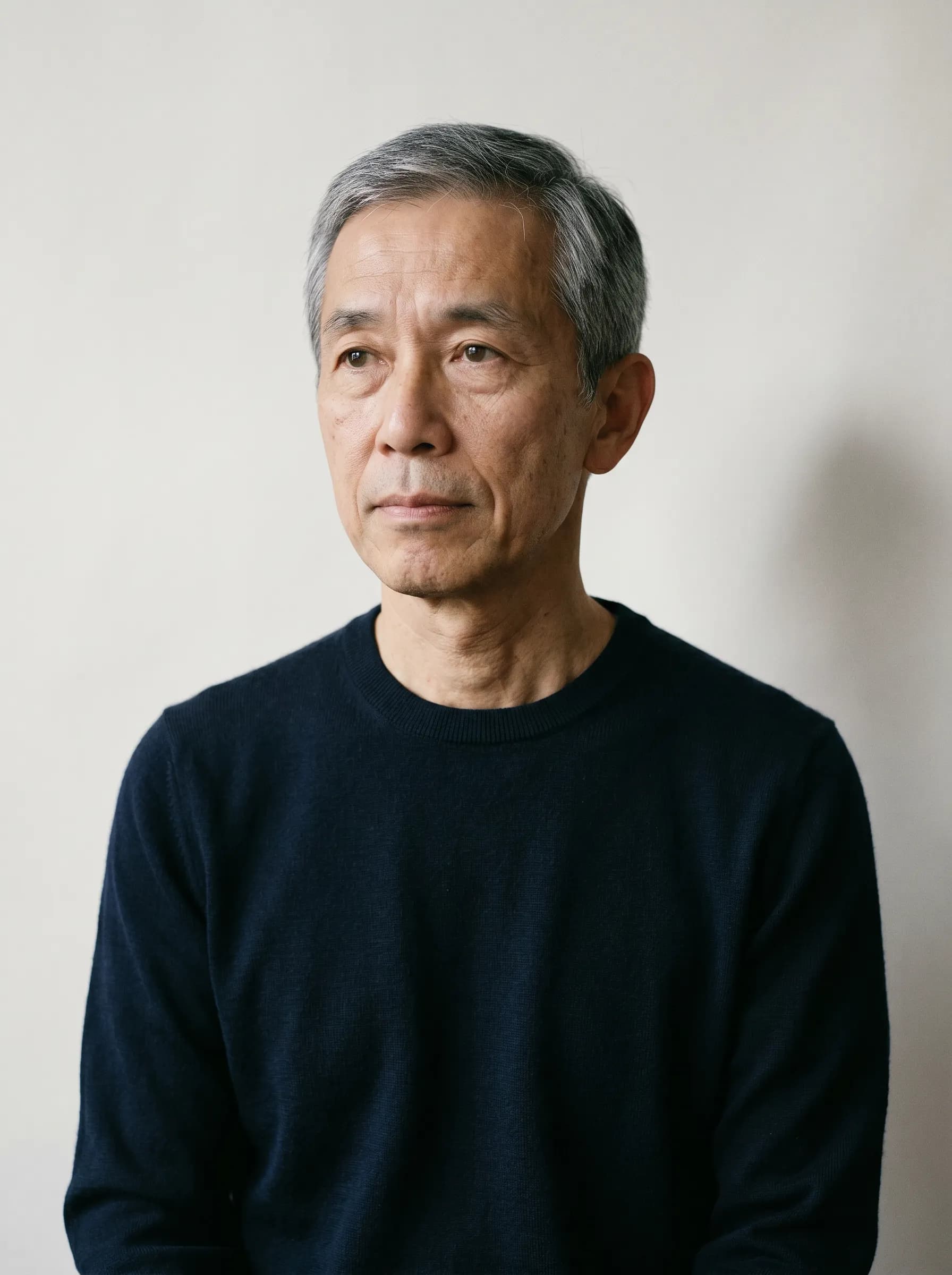 Editorial reconstruction of Hiroshi at baseline with mildly drawn expression and slightly dull complexion