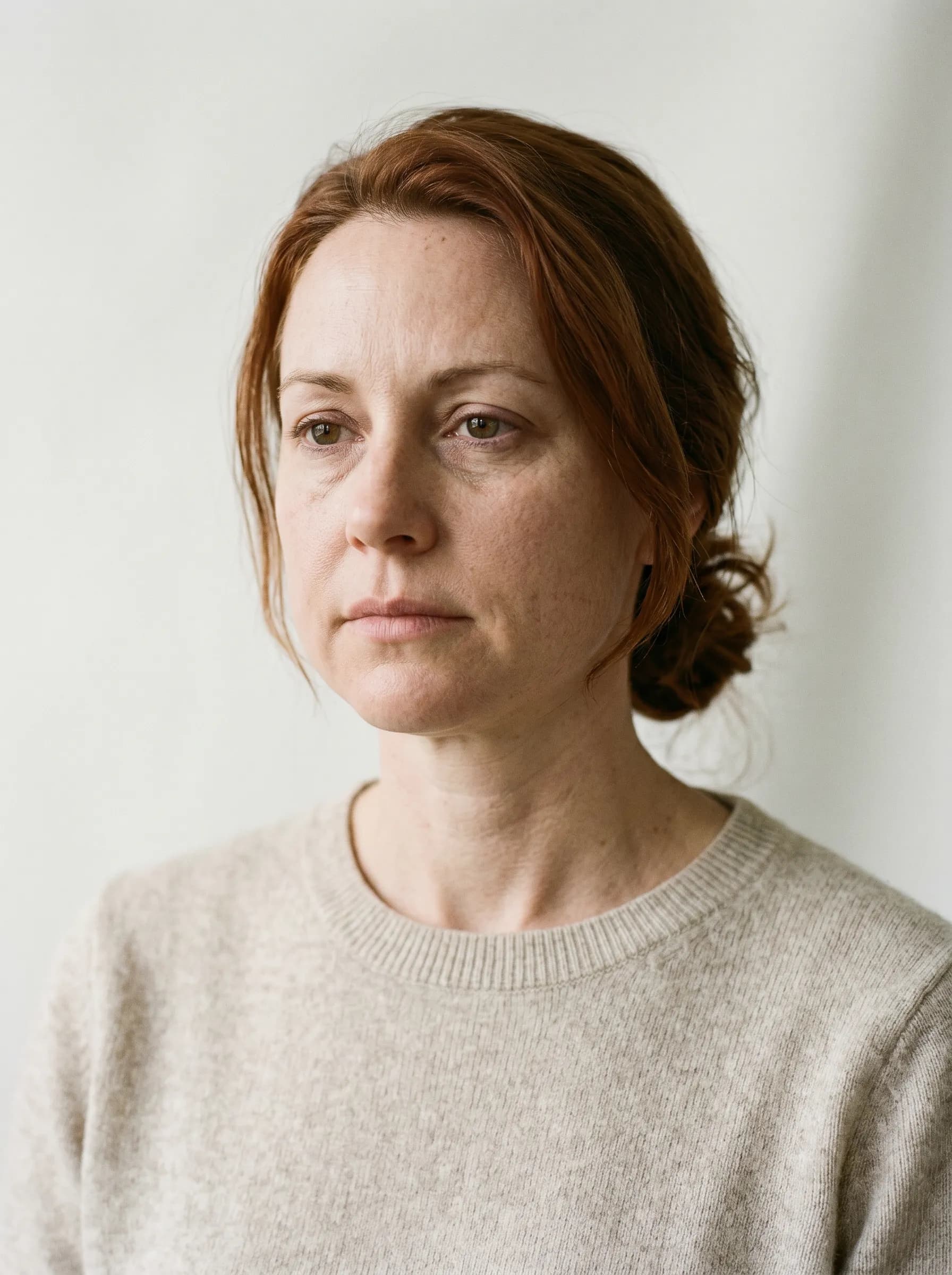 Editorial reconstruction of Linnea at baseline with subtle inflammatory facial puffiness and tired eyes