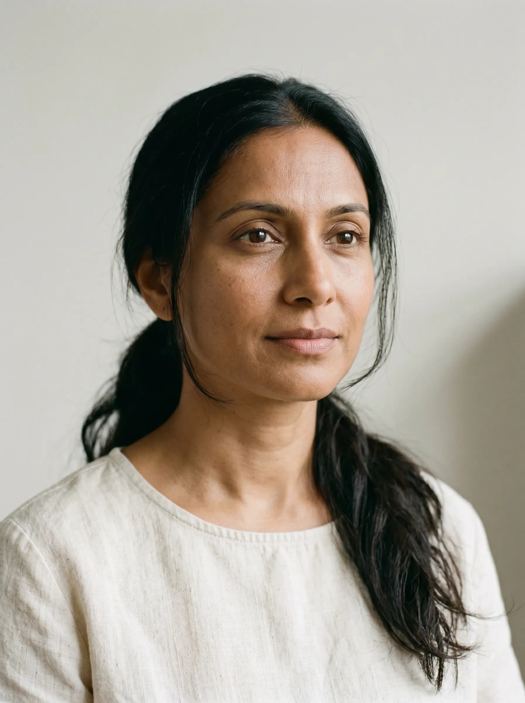 Editorial reconstruction of Priya at month nine after a protein-floor protocol restored facial volume
